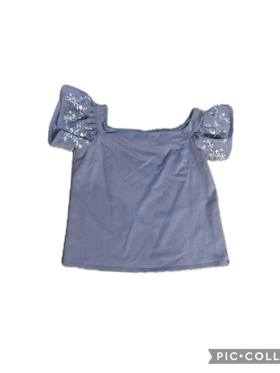 Express Tops - Express Blue Striped Square Neck Top with Embroidered Puff Sleeves